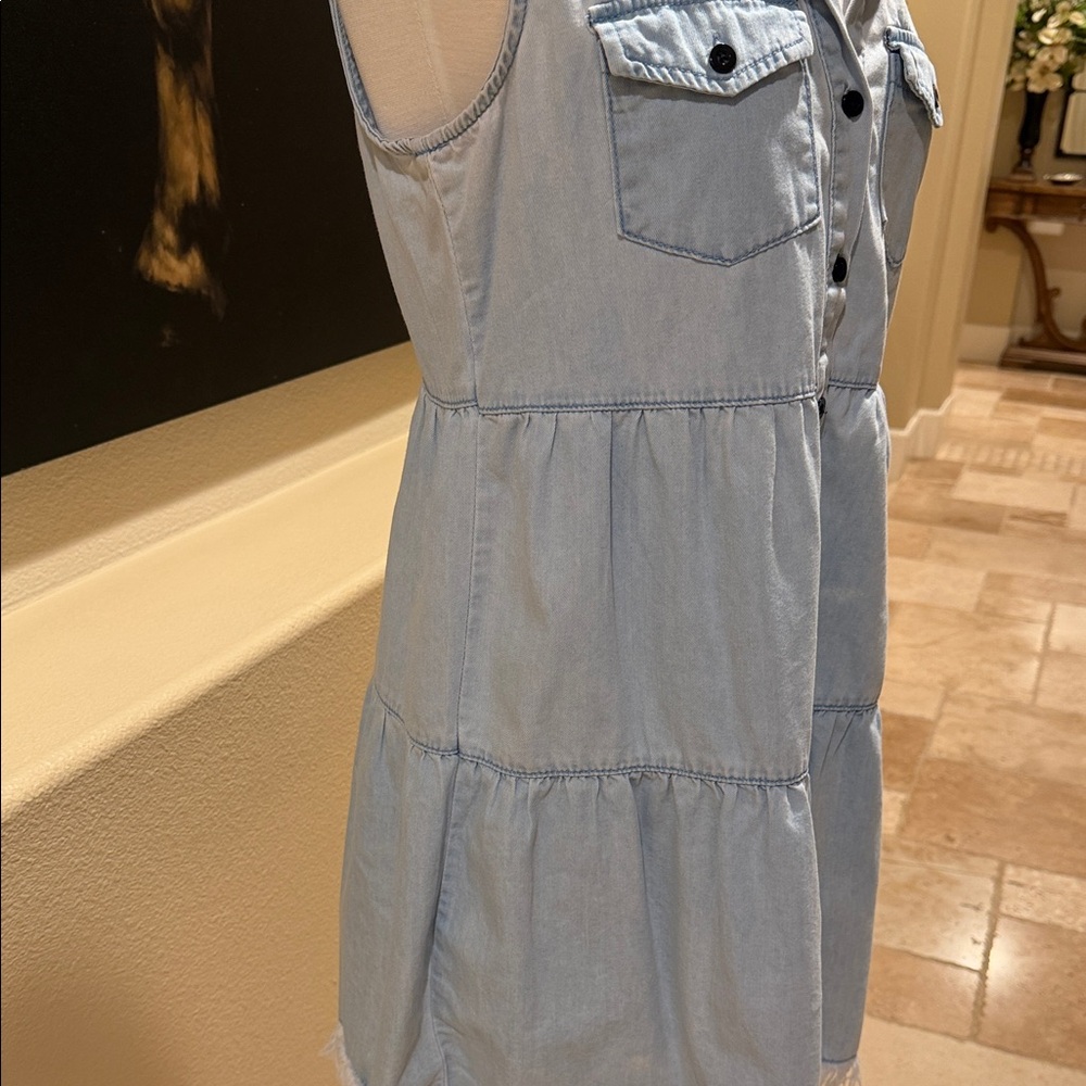 Sleeveless Light Wash Denim Shirt Dress - Casual Tiered - Picture 2 of 7